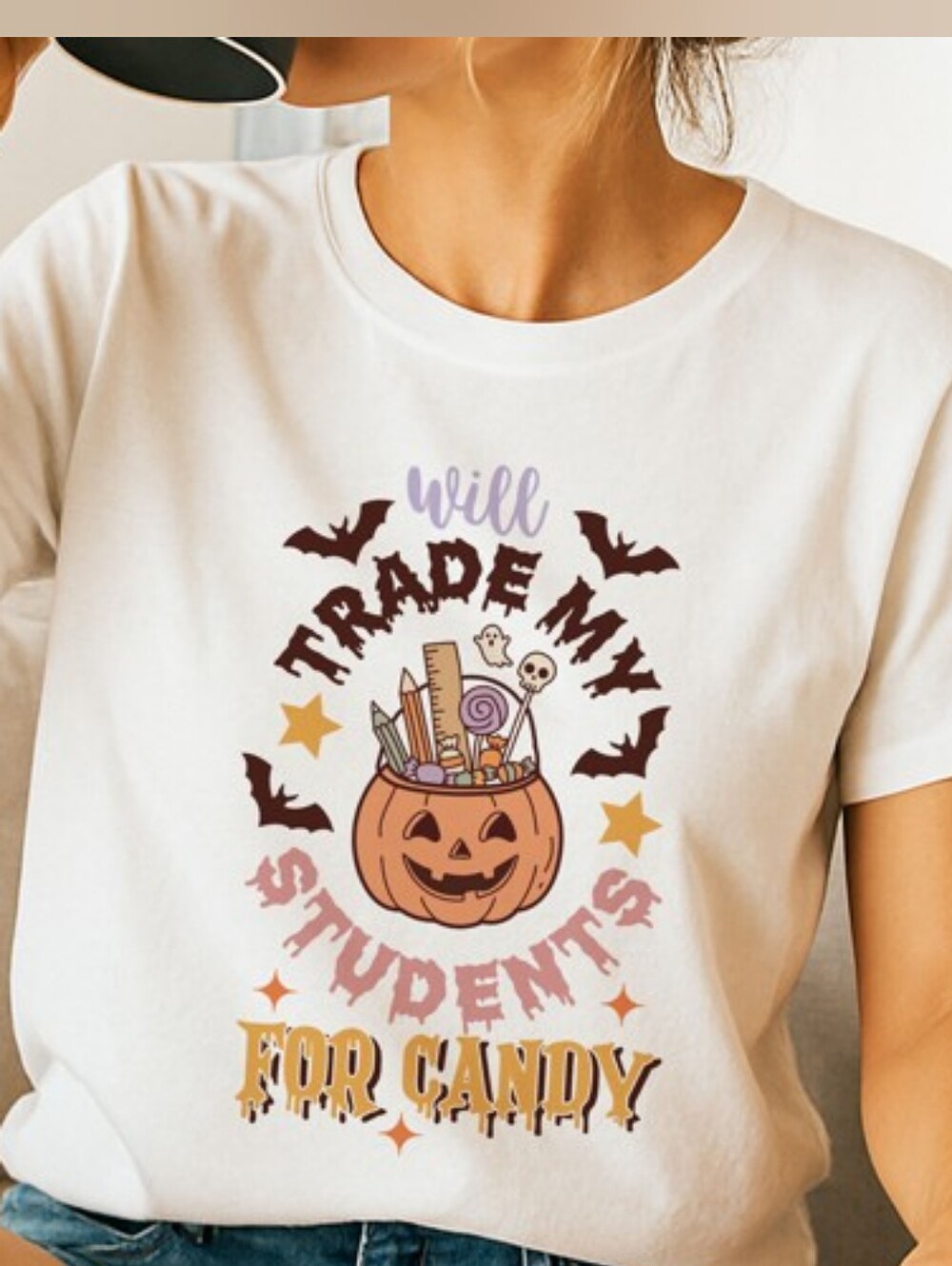 Halloween Pumpkin Candy Graphic Tee - White